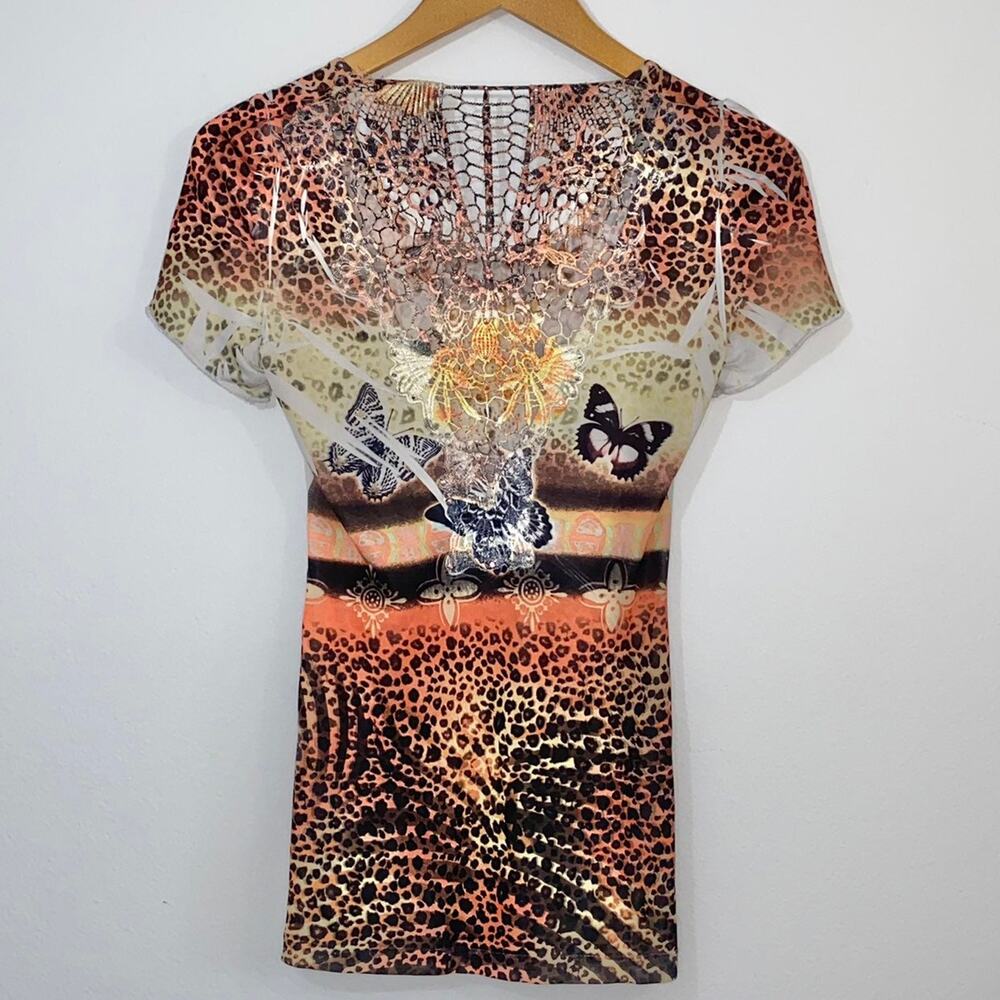 S VTG Y2k Sue Who Sublimation Embellished Studded Crochet Back Butterfly Tee - Picture 11 of 13